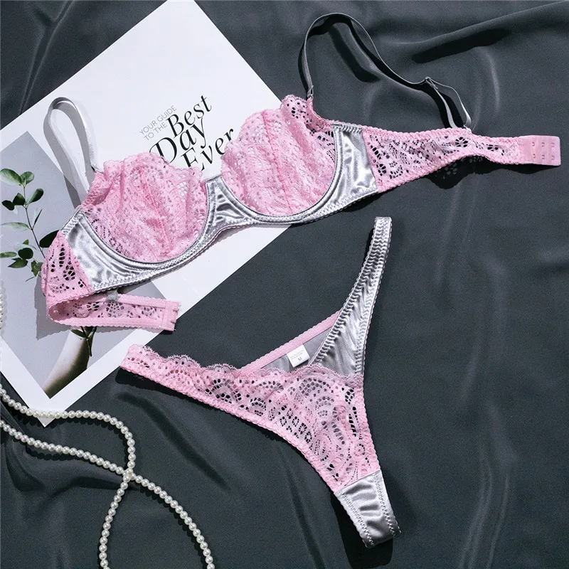 

Romantic Lingerie Sets Female Sexy Patchwork Lace Seamless Underwear Comfortable Pink See Through Fashion Exotic Bra Brief Sets