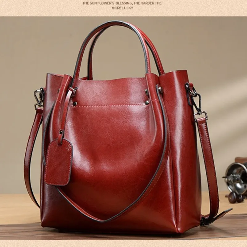 Women's genuine leather shoulder messenger bag Women's hand-held large bag Oil wax cowhide Korean version casual women's bag