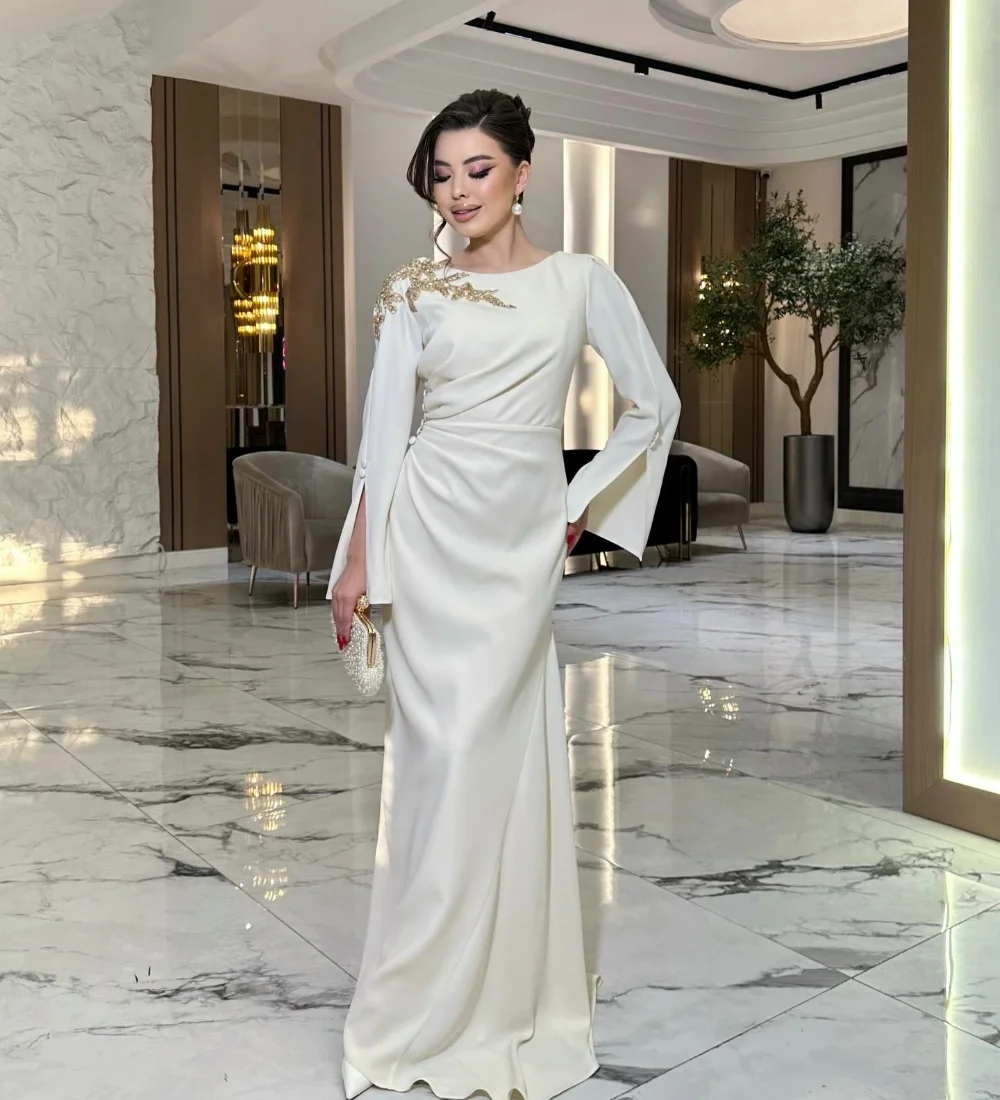 

Customized Beige Fashion Casual Jersey Applique Rhinestone Mermaid Scoop Neck Long Dresses Evening Dresses Sizes Available Retro