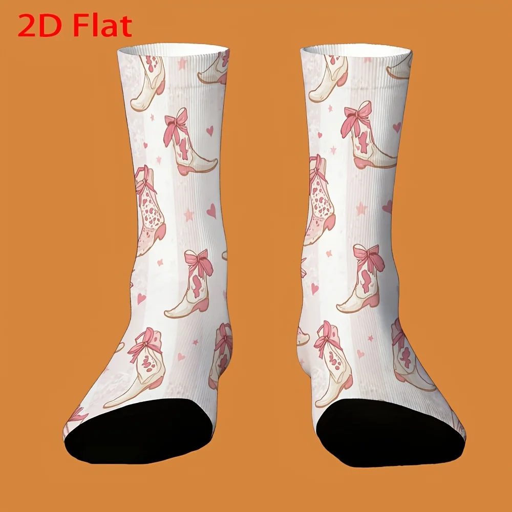 2D Flat, 1-pair, Socks, Pink Cowboy Boots, Themed Socks, Suitable for Outdoor Sports, Hiking, Ideal Gift, Comfortable