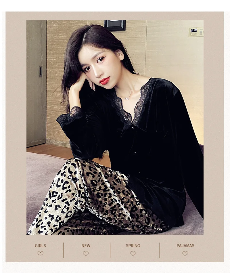 Thicken Warm V Neck Pajamas For Women New Leopard Sleepwear Set Autumn Winter Home Clothing Gold Velvet Nightwear Pant Suit