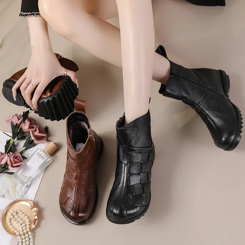 Wedges shoes for women genuine leather fur boots ladies rubber boots big size  winter plush snow boots female women shoes