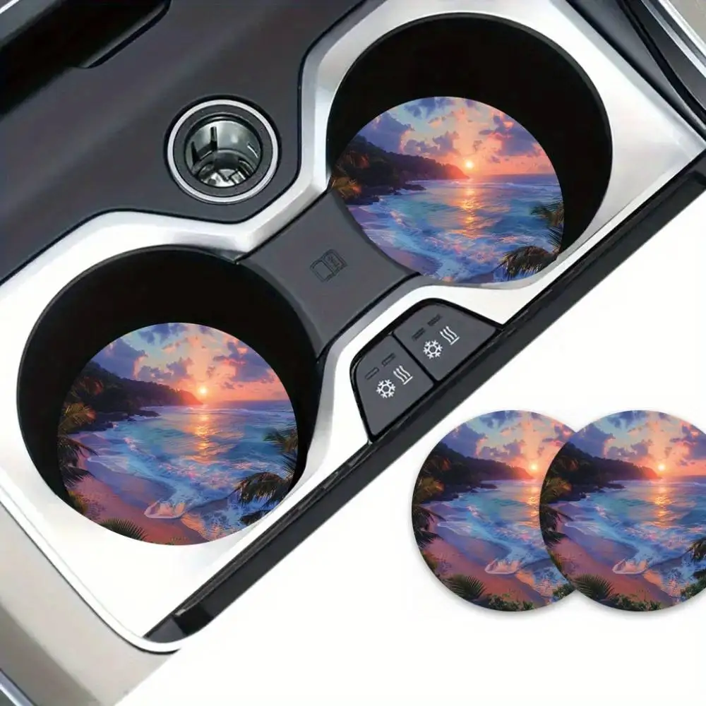 Summer Seaside Sunset EVA Car Coasters Colorful Durable Vehicle & Home Decor Unique Gift