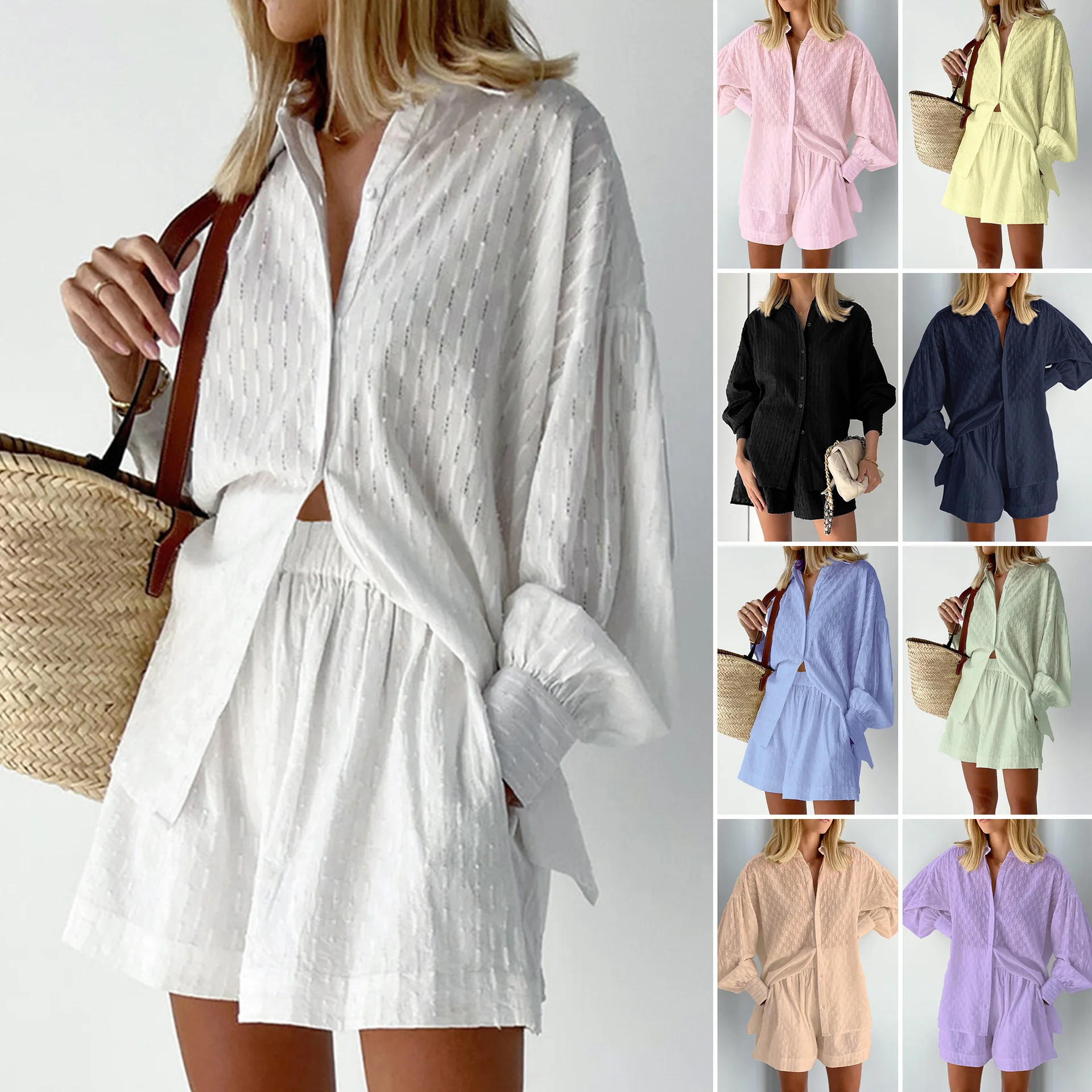 

Изысканный комплект из жаккарда с текстурой и рукавами-фонариками: модный офисный костюм для деловых встреч, элегантная блузка и шорты-костюм.