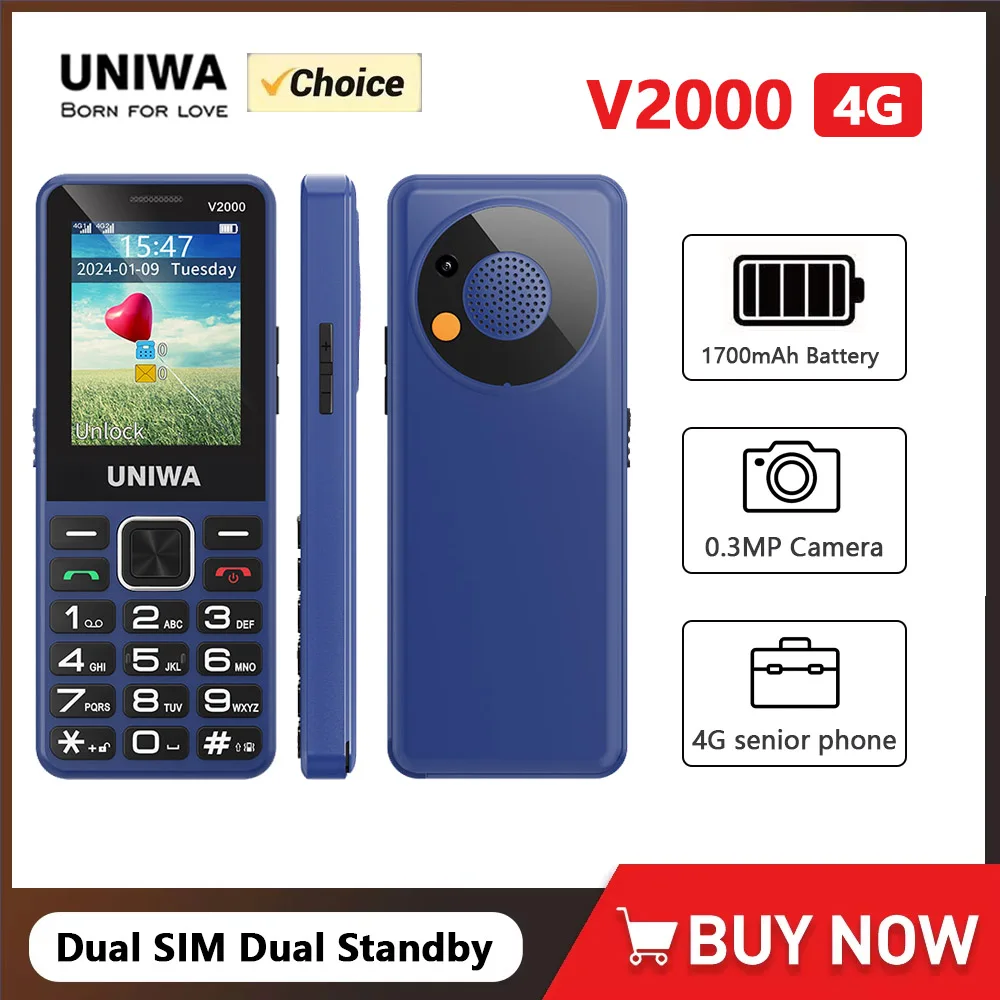 UNIWA V2000 2.4 Inch 4G Fashion Keypad Phone 0.3MP Camera Big Button 1700mAh English Russia Keyboard Feature Phones for Elderly
