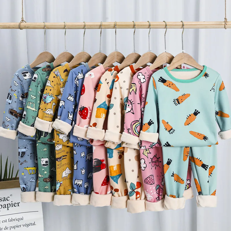 Herbst/Winter Kinder-Pyjama-Set für Jungen mit Plüsch, dick gestreift, Pyjama-Set für Mädchen mit warmer Unterwäsche, zweiteiliges Set