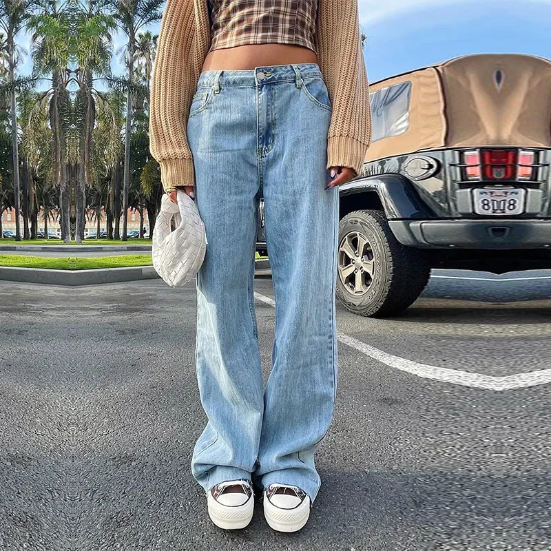 

Jeans Women Straight Pants Denim High Waist Loose Fit Vintage Pockets Button Solid Basics Trousers 2024 Casual Washed Denims