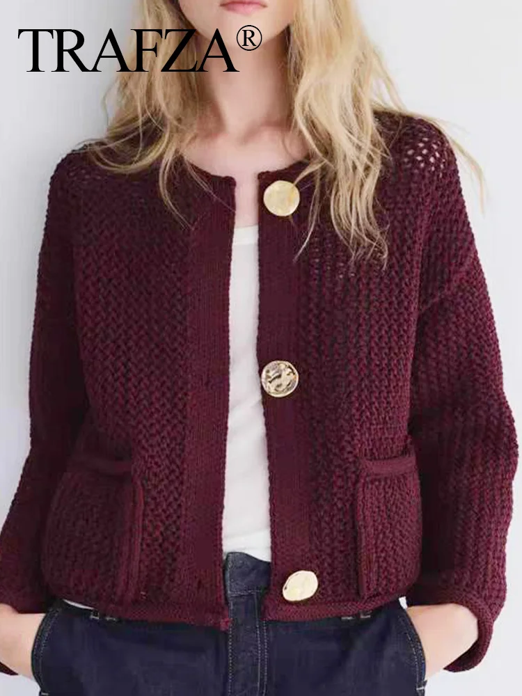 TRAFZA 2024 Female Casual Cardigan Sweater Coat 2 Pockets Wine Red Solid Metal Button Knitted Sweater Woman Autumn Trends Street