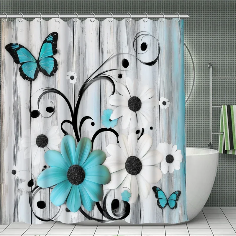 1/4pc butterfly flower pattern plant shower curtain set,waterproof shower curtain and waterproof non-slip carpet,12free hooks