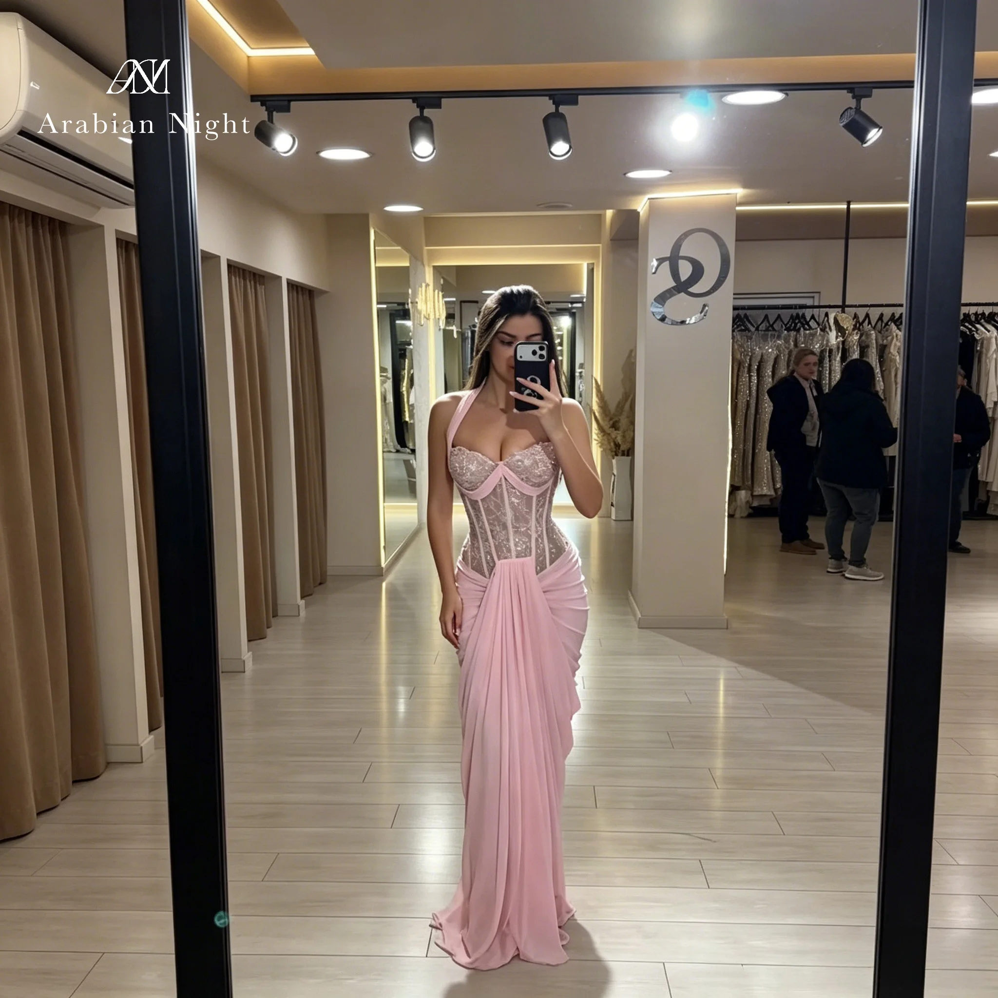 

Customized Pink Chiffon Lace Formal Evening Gown Sexy Vintage Semi-Formal Floor-Length Dress for Women Elegant Vacation Occasion