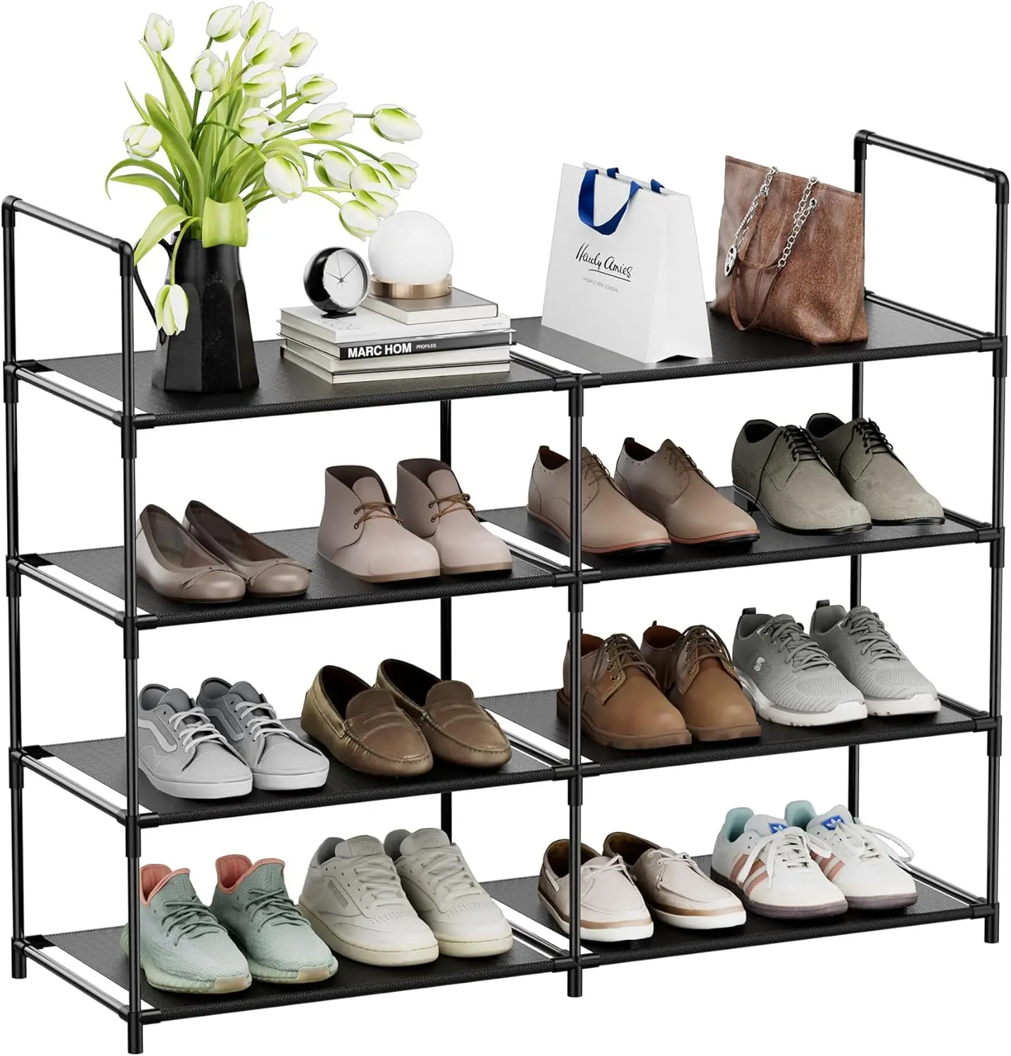 

4-Tier Shoe Rack Organizer, Stackable Storage Shelf for 16-20 Pairs, Durable for Closet Entryway, Black