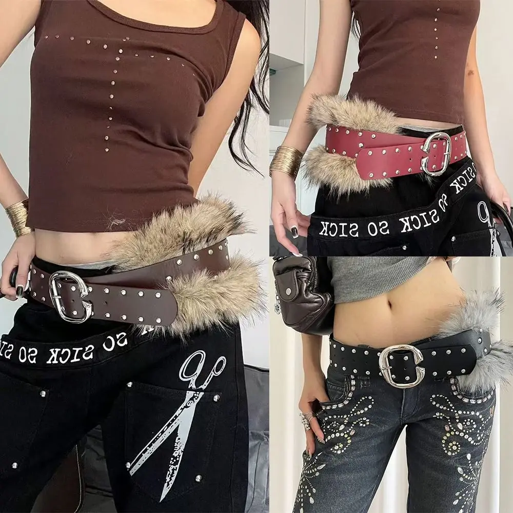 أزياء برشام المرأة حزام عريض جلد فو الفراء الشرير نمط حزام المرقعة Y2K حزام الخصر الشارع الشهير