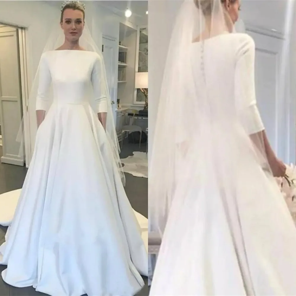 Simple Satin Wedding Dress For Women Bateau Neck 3/4 Sleeve A‑Line Bridal Gown With Pockets Button Back Sweep Train Vestido De N