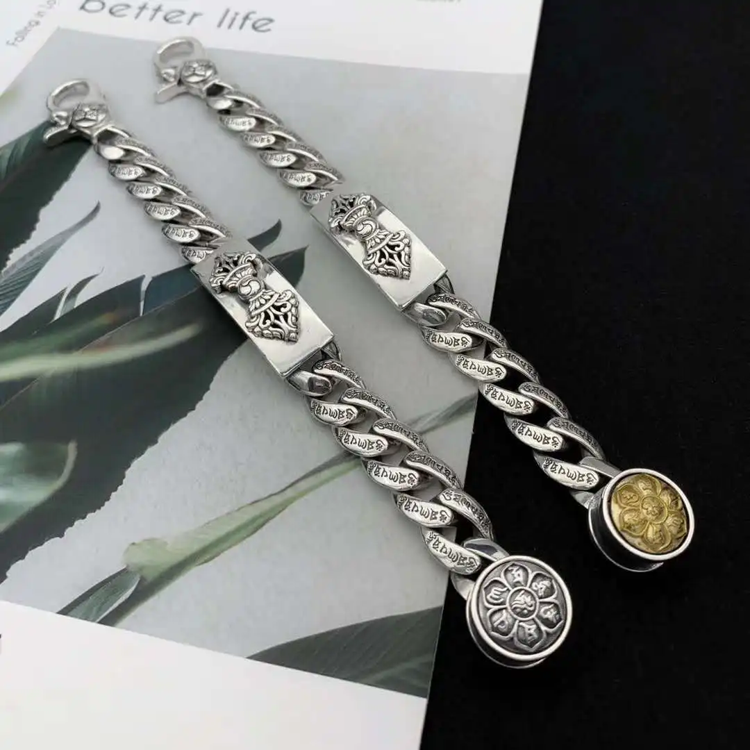 

Trendsetter pure silver diamond pestle rotating bracelet male domineering retro personality 925 Thai silver six character truth