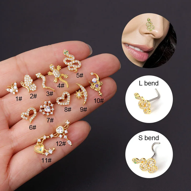 20G Titanium stainless steel Nose rings for Women Nose Piercing jewelry L-bend Cubic Nose Studs Body Jewelry