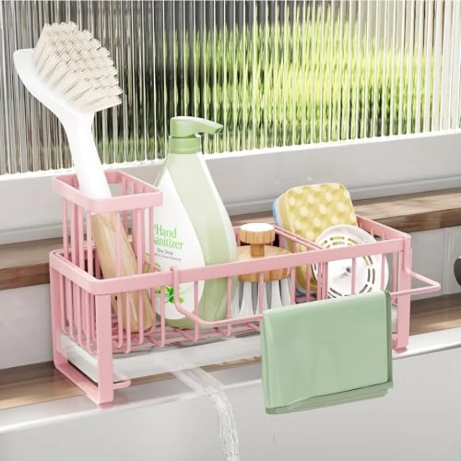

Sponge Holder for Kitchen Sink - Sink Caddy with Brush Holder Self-draining Sponge Caddy Organizer with Divider Stainless Steel