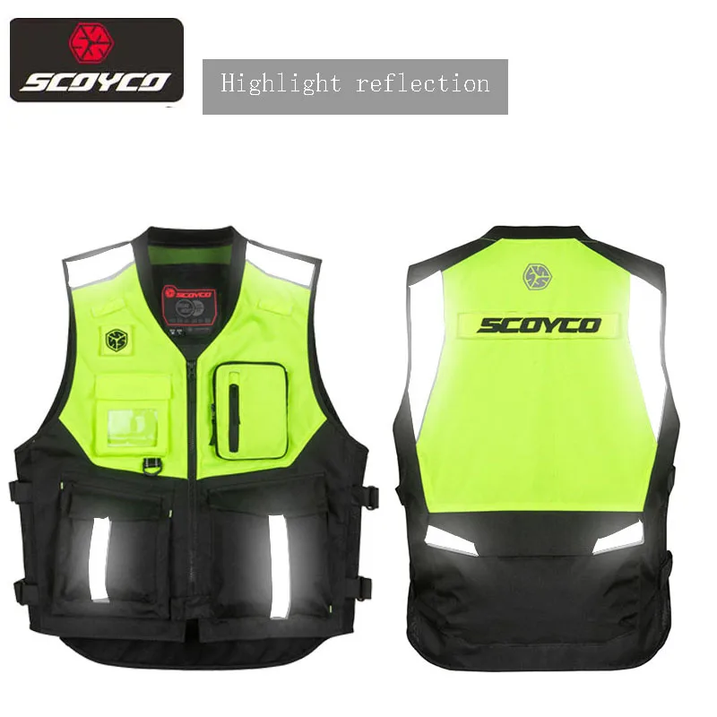 SCOYCO Motorcycle Reflective Safety Clothing Jacket Working Yellow Vest 600D Oxford Cloth Motocross  Back chest Protective