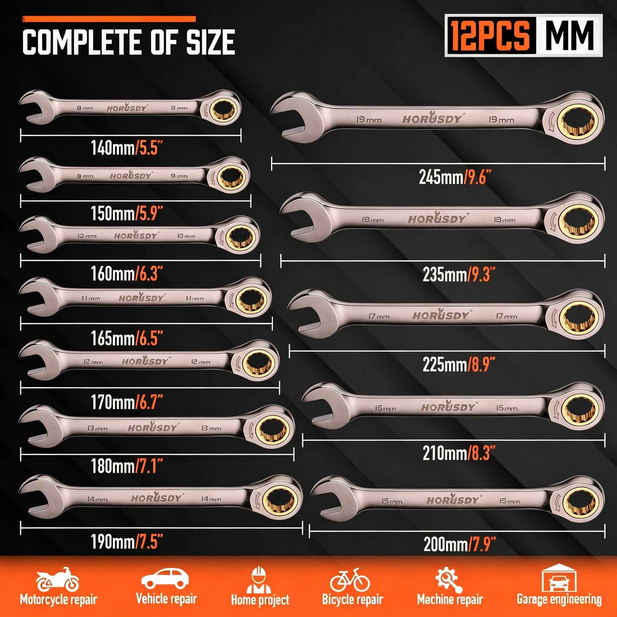 HORUSDY 12Pc Ratchet Spanner Set Metric Wrench Spanners ‎‎Nickel Plating 8-19MM