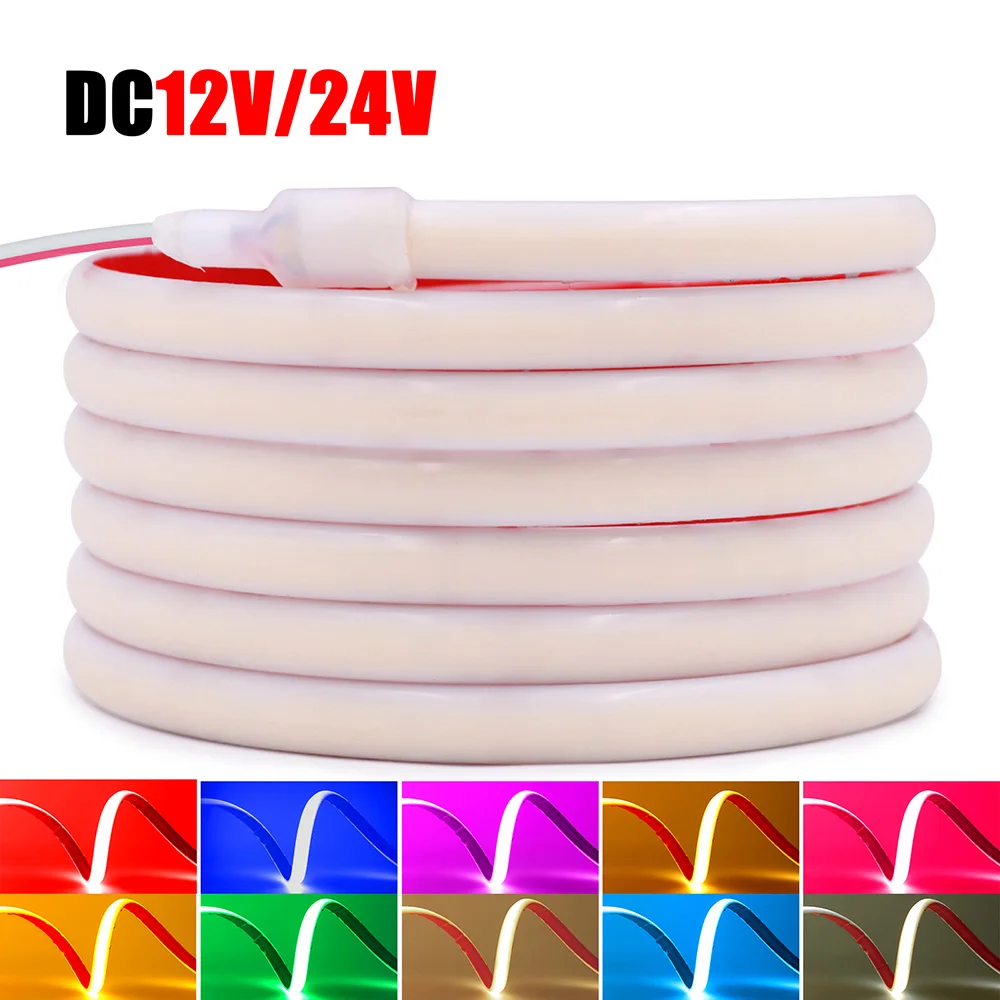 Wodoodporny neon LED COB IP68, taśma świetlna 12V 24V 5m 10m 15m 20m 0.5m 320/LED, elastyczna taśma z silikonową osłoną, oświetlenie RA90