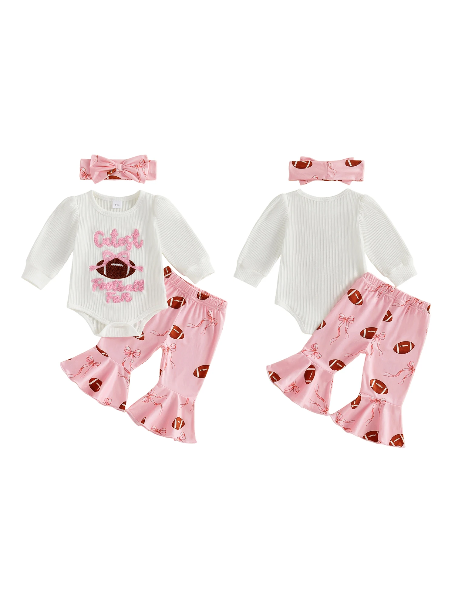 Pants Girl Football Set Set Embroidered Sleeve Romper Flare Football Long Sleeve Romper Pants Headband Baby-Girl-Football