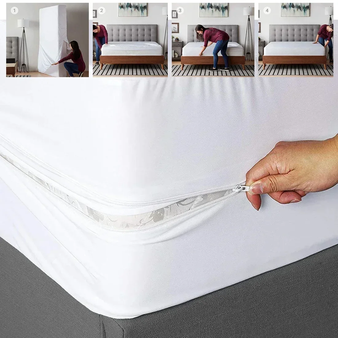 Waterproof Mattress Cover with Zipper Ultra Soft Terry Surface Thick Mattress Protector Single or Double Bed cubierta de colchón