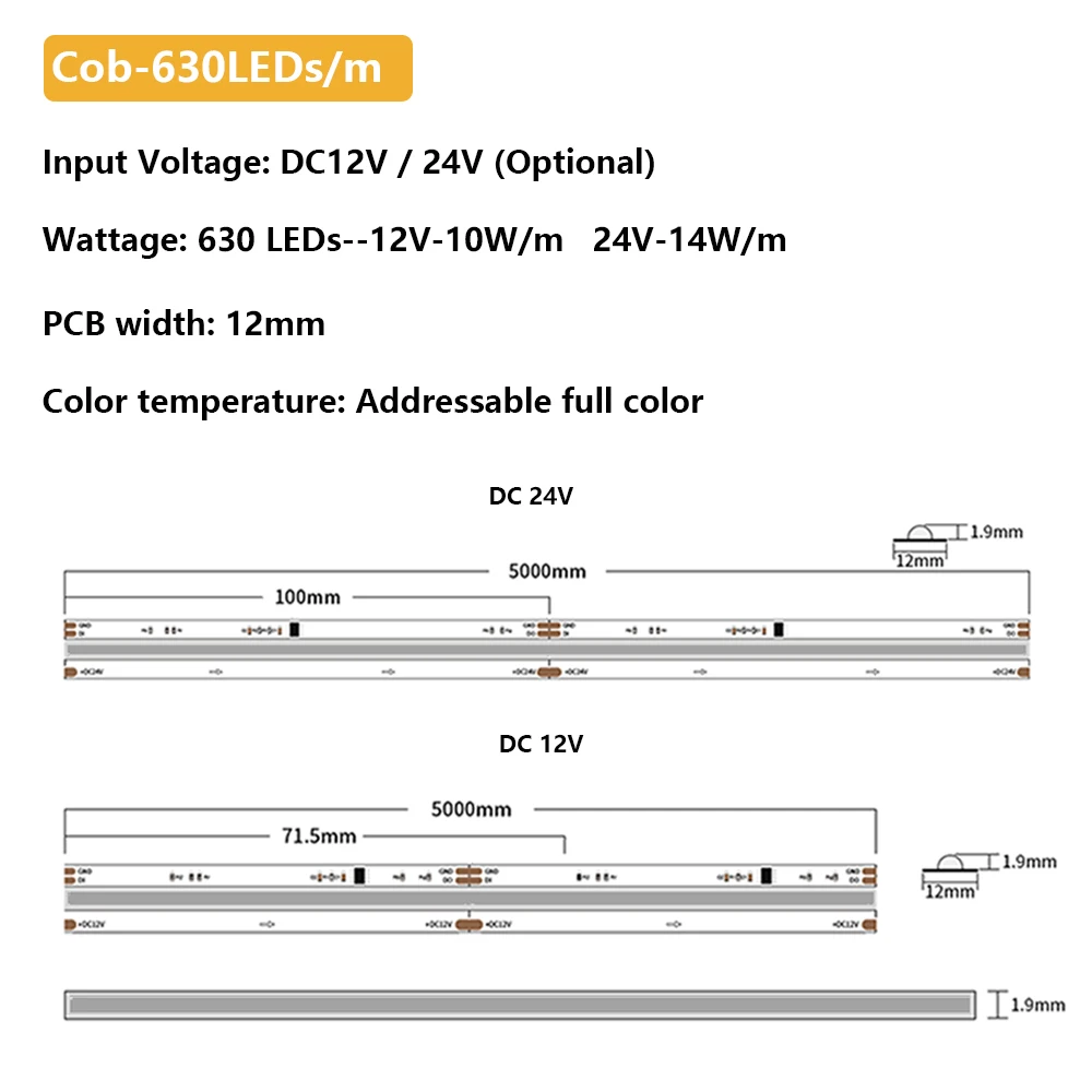 Gingsow-tira de luces LED COB, 12V/24V CC, 630 LED/M, alta densidad, Flexible, direccionable, 5m, IP65, impermeable, mágica, colorida, decoración de habitación