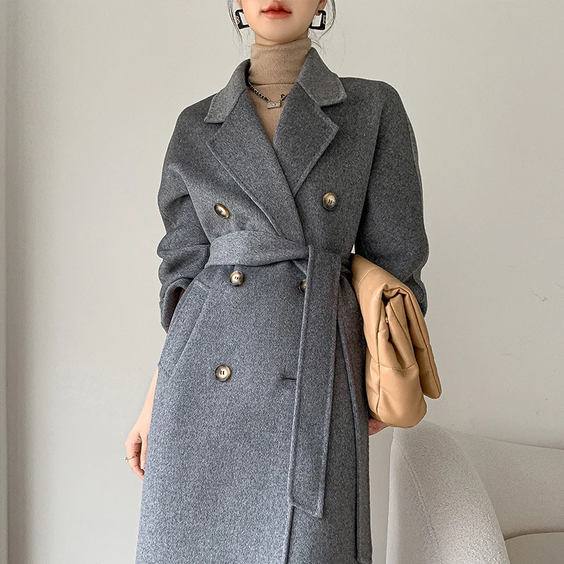 

2023 Winter Elegant Double Sided 100% Wool Blends Coat Double Breasted Long Jacket for Women Korean Fashion Casaco Feminino