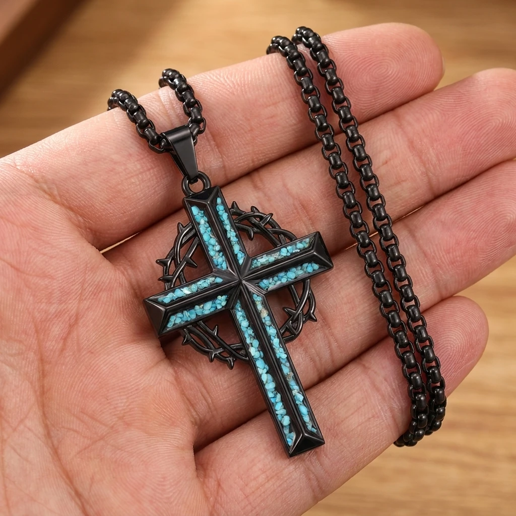 Black Stainless Steel Crown of Thorns Cross Necklace for Men Turquoise Chips Inlaid Cross Pendant Religious Christian Faith Neck