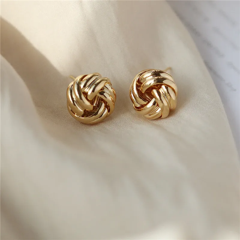 Hiphop Punk Metal Twist Knit Knot Ball Stud Earring for Women Gold Color Female Twine Ear Jewelry Christmas Gift Brincos