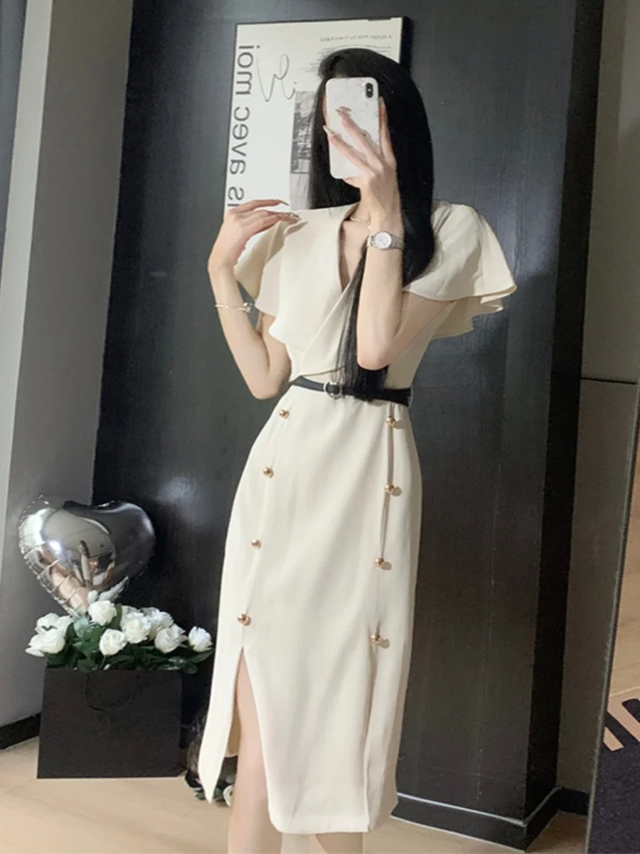 

Elegant White Double-Buttoned Slimming Long Split Dress Summer New Arrival Korean Style A-Line High Waist Flared Sleeve Dress