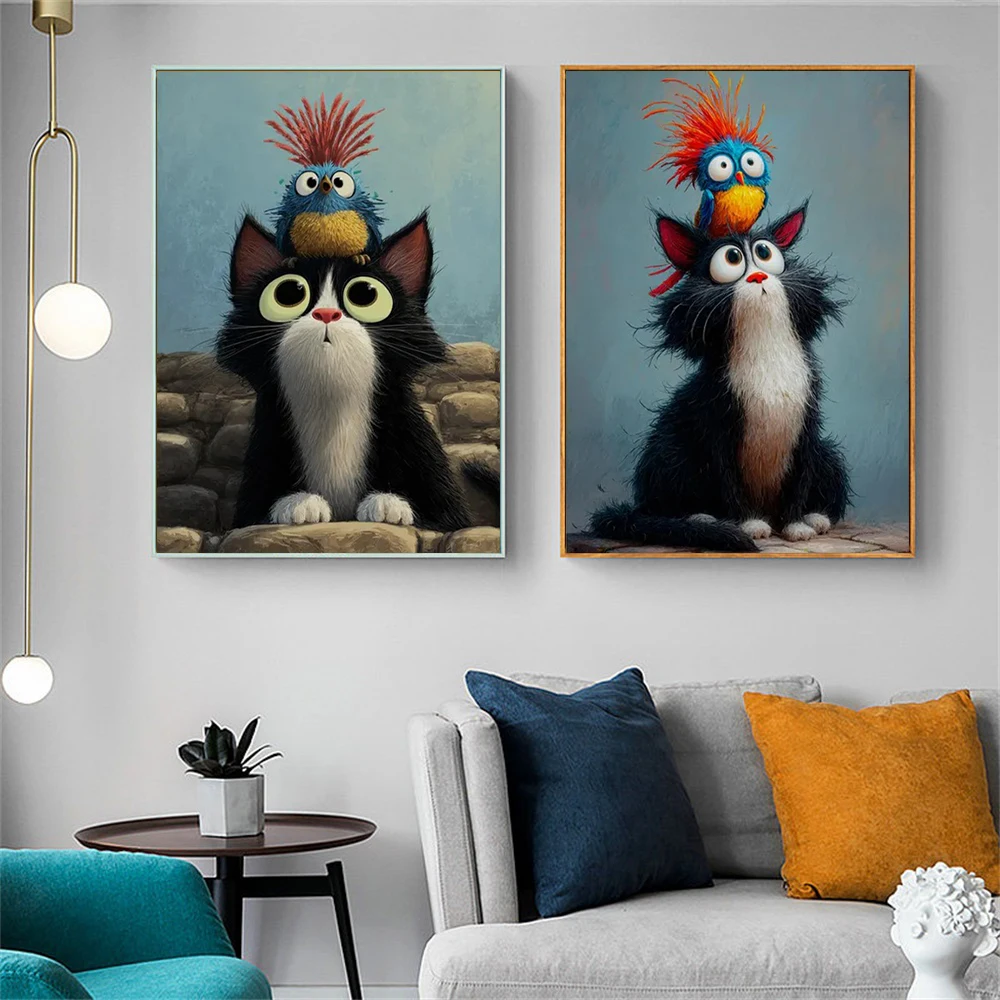 Whimsical Cartoon Cat Dog Pet Canvas Painting Funny Animal Wall Posters Prints Nordic Style Children Kids Room Home Wall Decor