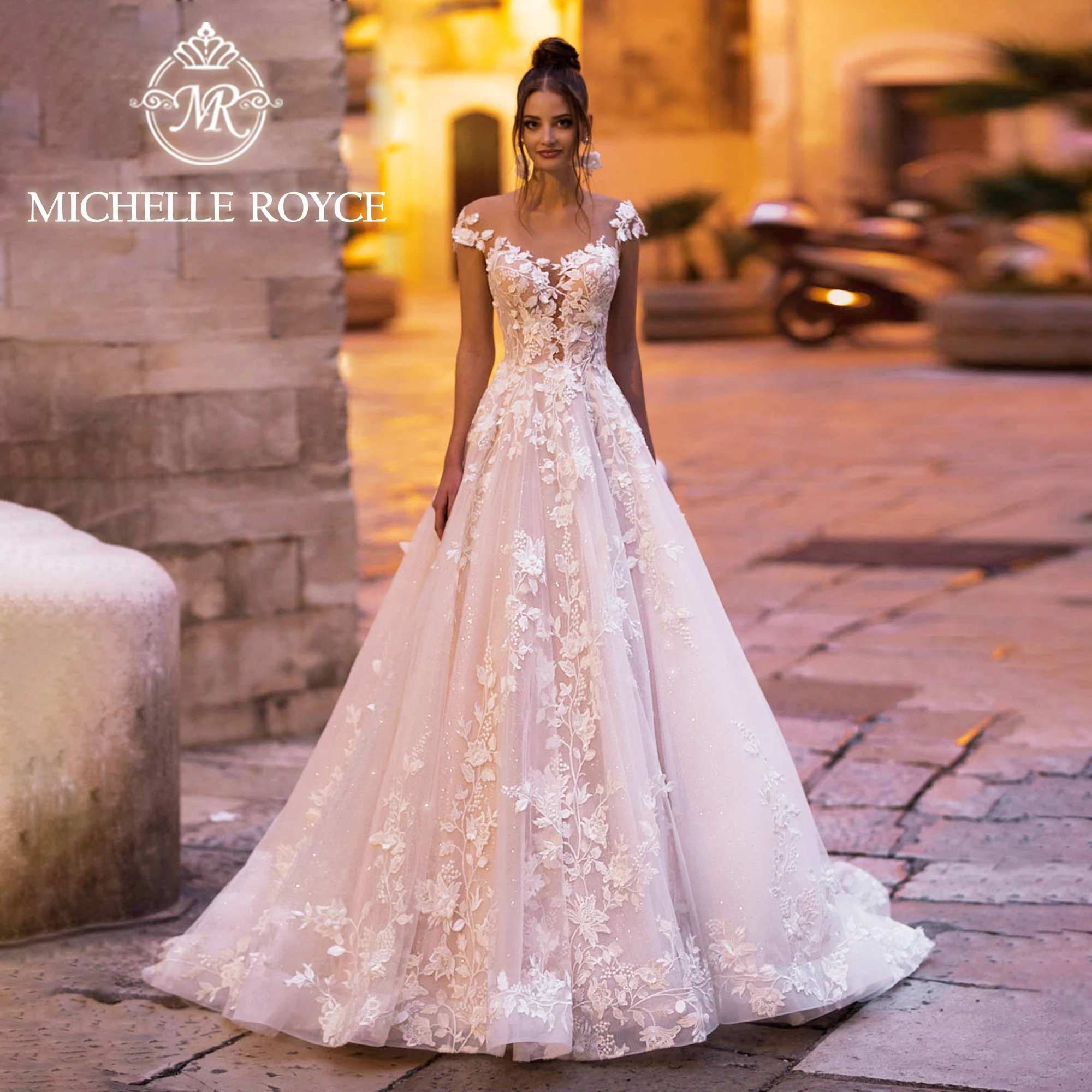 Michelle Royce A-Line Wedding Dresses For Women 2024 Deep V-neck Short Sleeve Appliques Backless Wedding Gowns Vestidos De Noiva