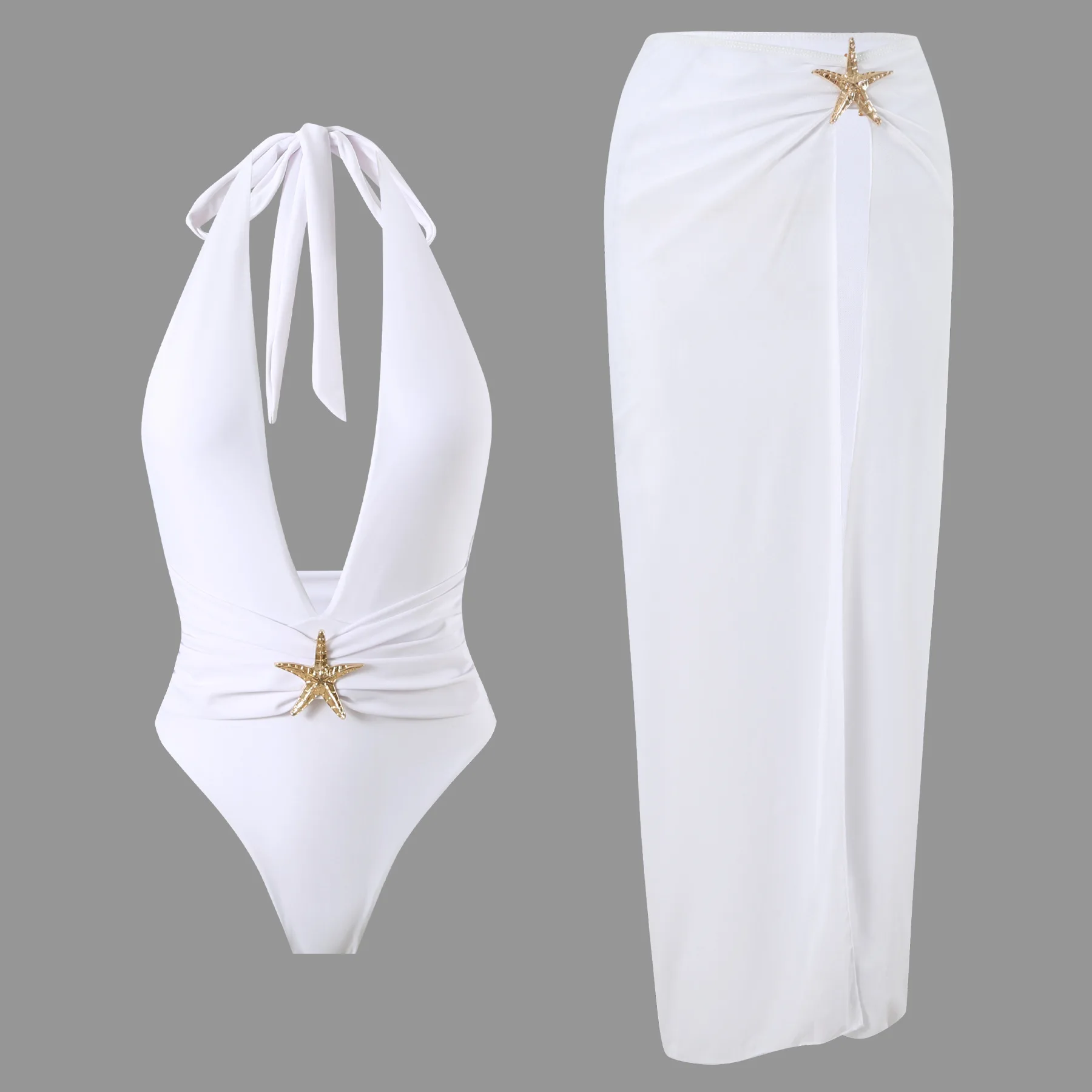 Maiôs de 2 peças para mulheres elegantes, trajes de banho de uma peça com estrela do mar e saia alta dividida, conjuntos de biquíni sexy halter