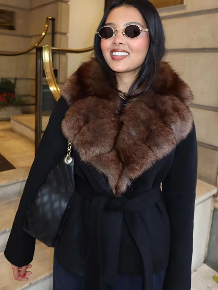 

Female Elegant Slim Elegant Coat Women's Winter Fashion Coats Black Turn-Down Collar Long Sleeves Pockets Belt Decoration