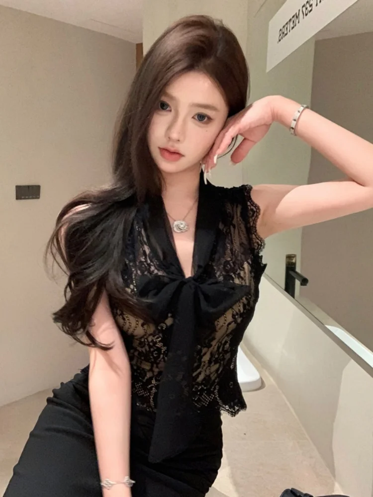 

Bla Lace Crop Top Women's Slim Fit Sexy Sle V-Ne Svel Knot Outerwear for Autumn New Arrival