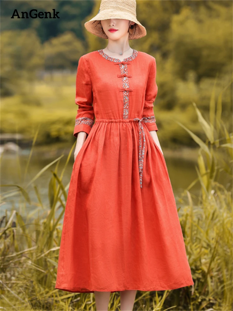 2024 New Spring Autumn Red Vintage Dresses For Women Cotton Linen Casual Loose  Long Elegant Dress Femme Robe Fashion Clothing