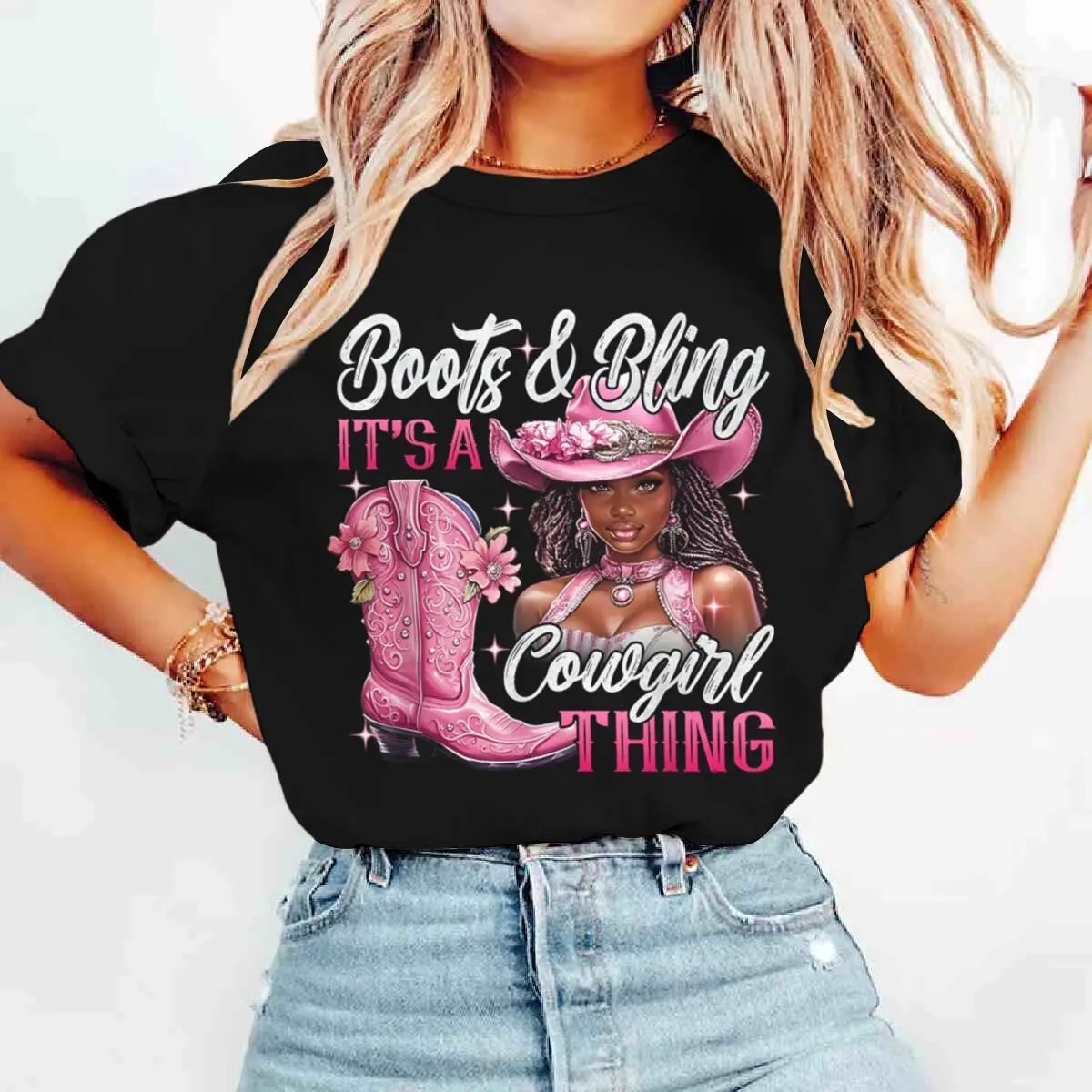 

Ретро-сапоги и Bling its a Cowgirl Thing Графическая футболка Модные повседневные футболки с короткими рукавами Футболки с принтом тай-дай Женская одежда