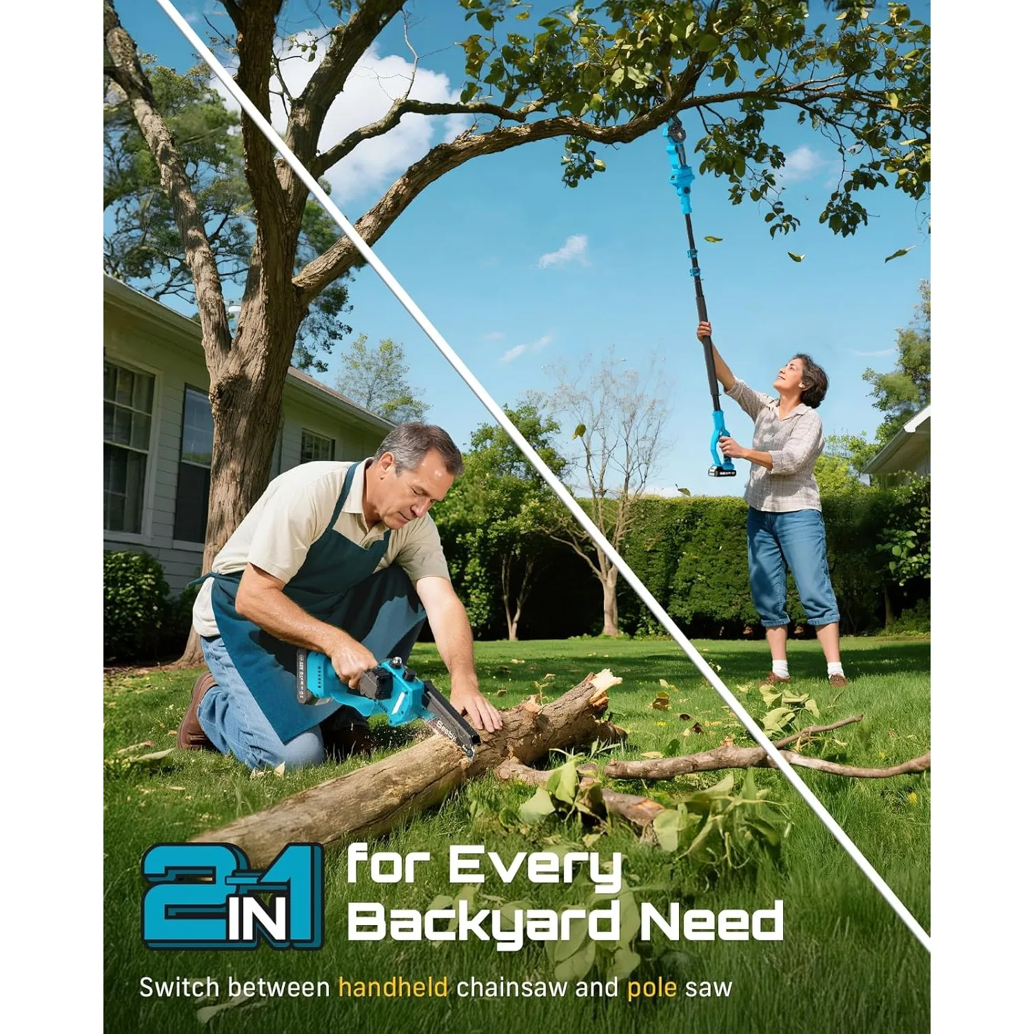 مناشير كهربائية 2 في 1 PS600 لتقليم الأشجار، عمود تمديد سلك المنشار الصغير 6 بوصة، بول يعمل بالبطارية