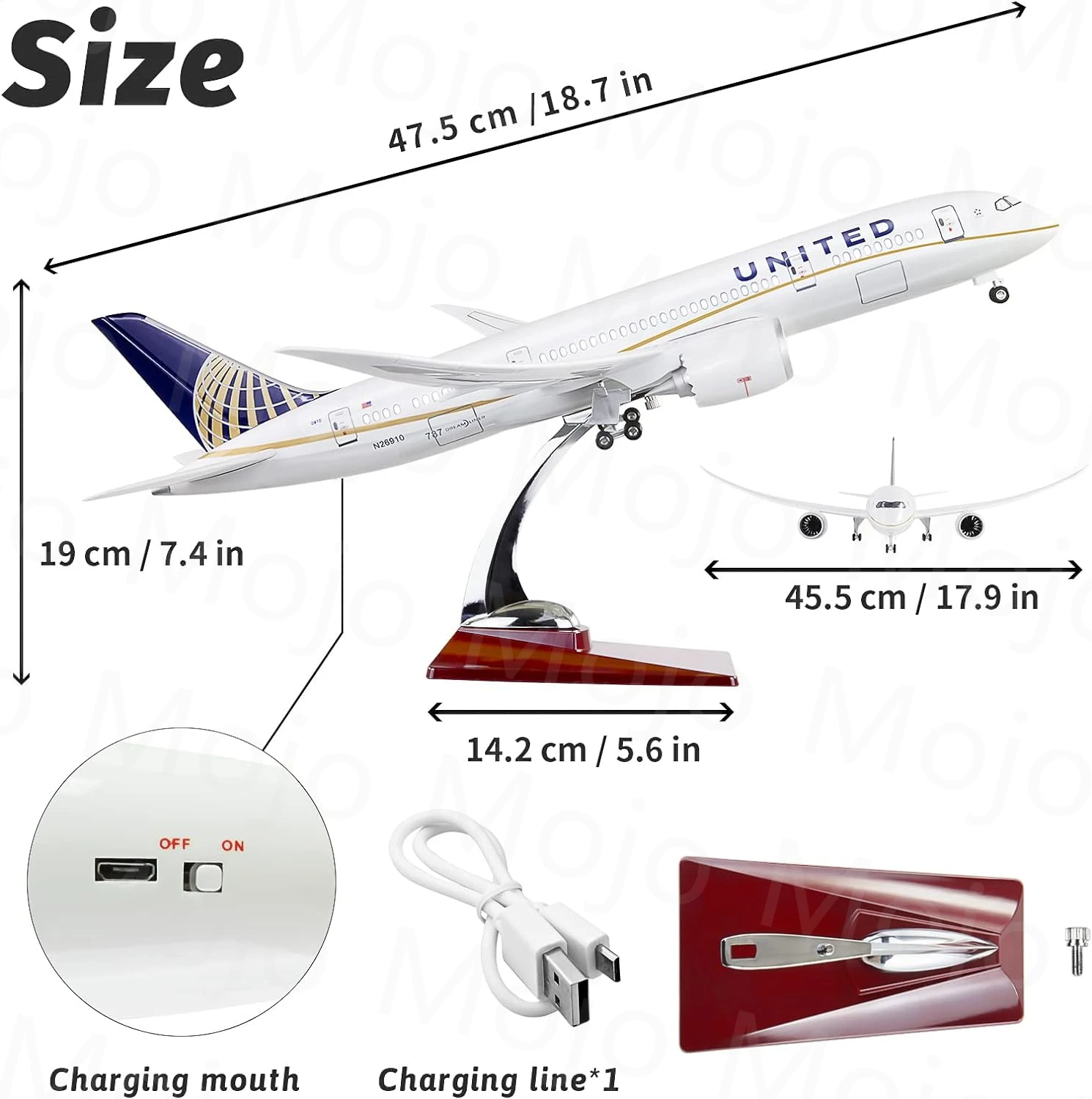 1:130 Scale 43cm 787 Boeing Jet United Airlines B787 Planes Model Die-Cast Resin Aircraft Ornament with LED Lights for Gift Givi