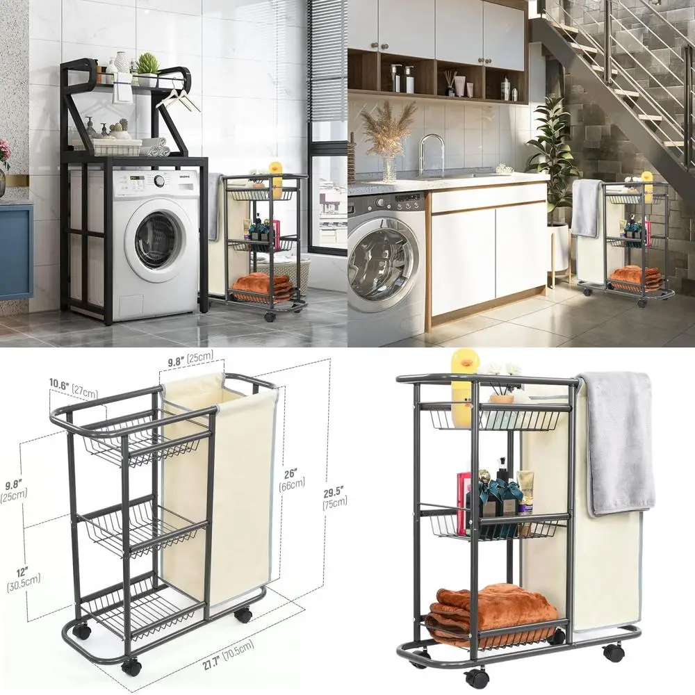 

3-Tier Heavy-Duty Rolling Laundry Cart with Wheels for Storage and Transport in Laundry Room, Bathroom, or Bedroom