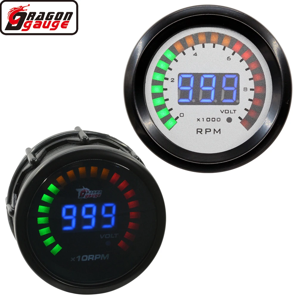 

2" 52mm Digital Dual Display Auto Car Tachometer Gauge 1 To 8 Gasoline Cylinder 9999 RPM Voltage Meter