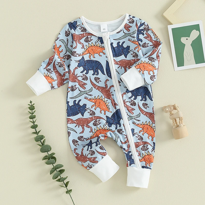 2023-10-24 Lioraitiin 0-12M Baby Boys Girls Romper Long Sleeve Zipper Crew Neck Taco/Fish/Dinosaur Print Fall Jumpsuit Clothes