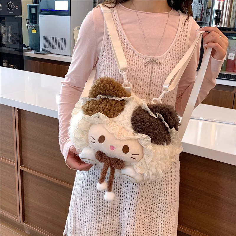 Cute Cartoon Plush Doll Backpack Soft Shoulder Bag for Girl Lightweight Casual Style Zipper Closure Foldable Backpack A