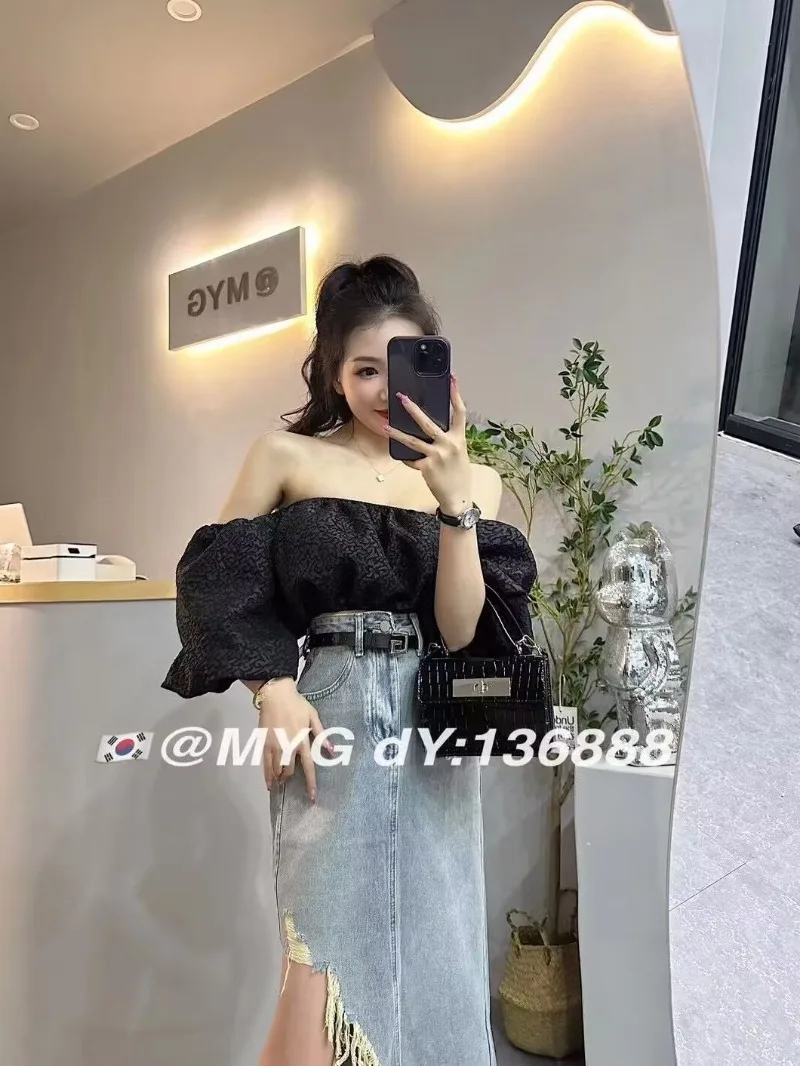 Shpmishal Korean Fashion Solid Color Shirt Women's Summer New Pure Desire One Shoulder Bubble Sleeve Short Jacquard Shirts Top