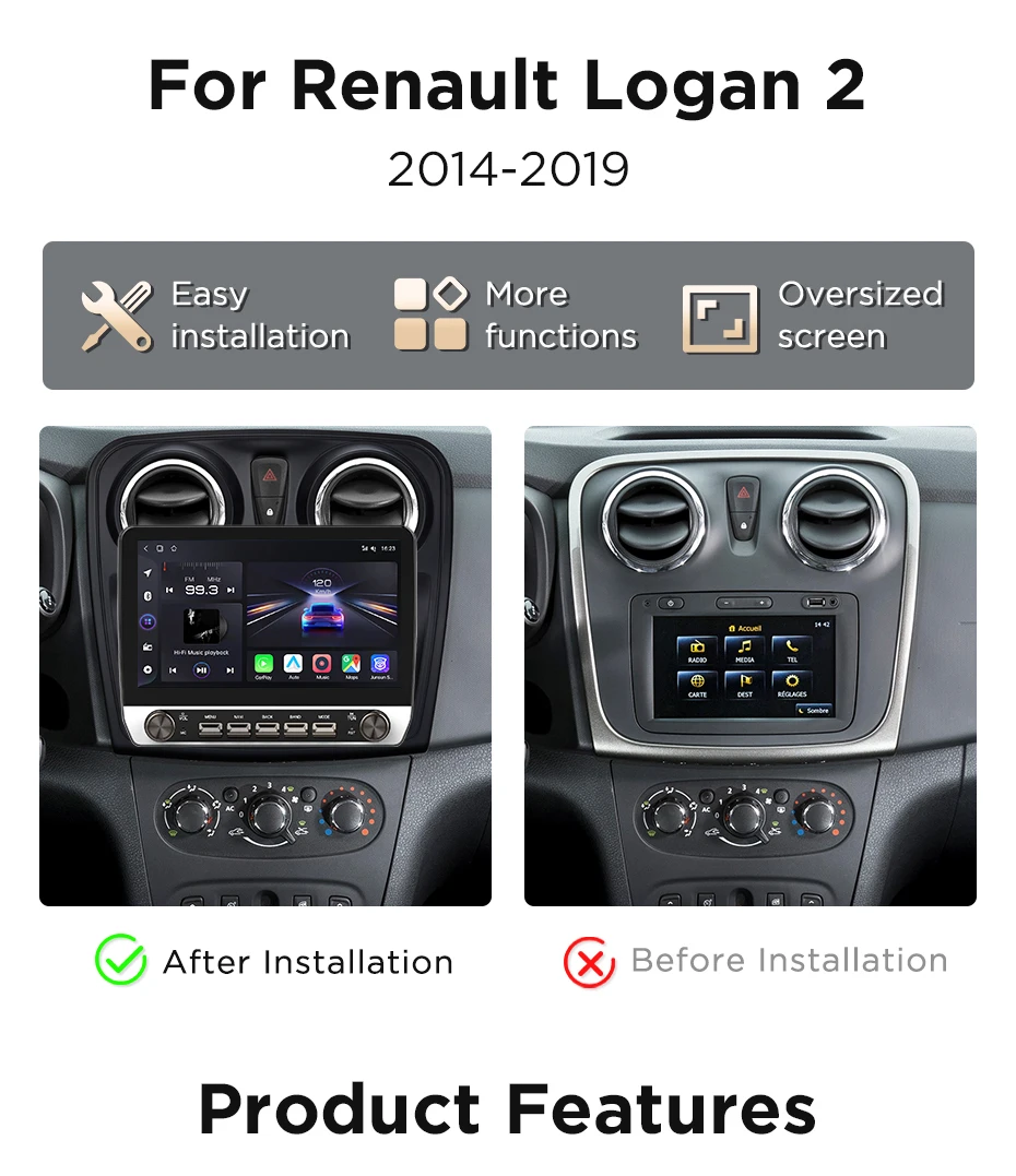 Junsun 10,1-Zoll-Tasten Kabelloses Carplay Android Auto Autoradio für Renault Logan 2 Sandero 2014-2019 Bluetooth GPS Navi 4G DSP – Detail 6