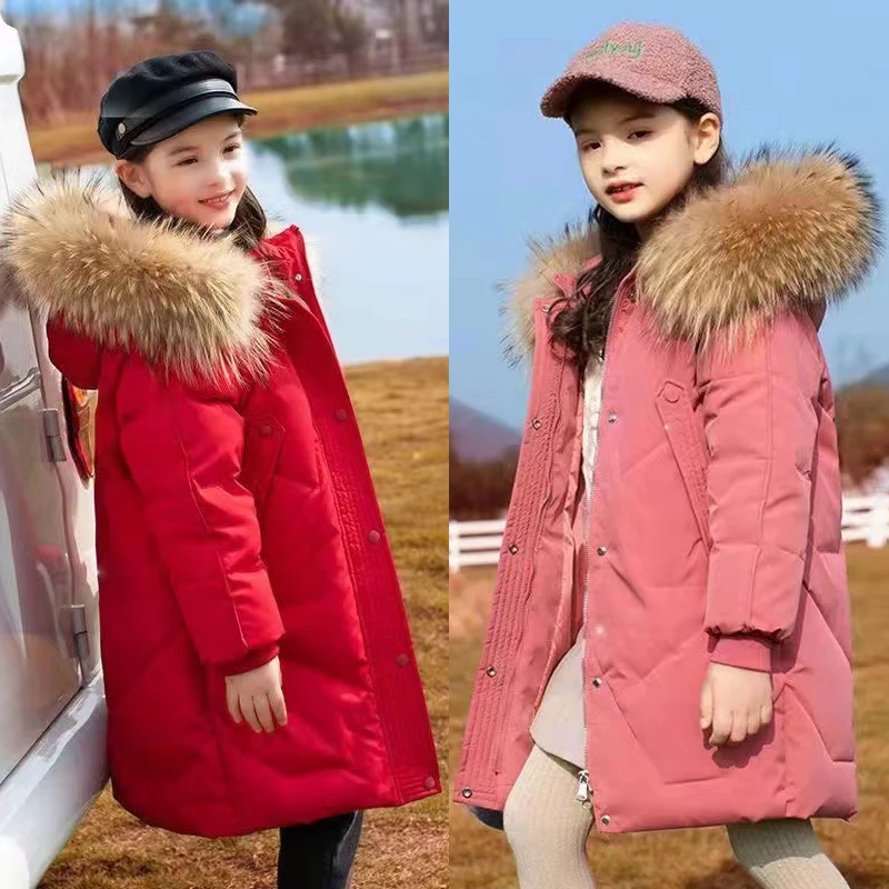 New Very Keep Warm Fashion Girls Jacket Long Style Big Fur Collar Detachable Hat Heavy Coat For 2-12 Years Kids