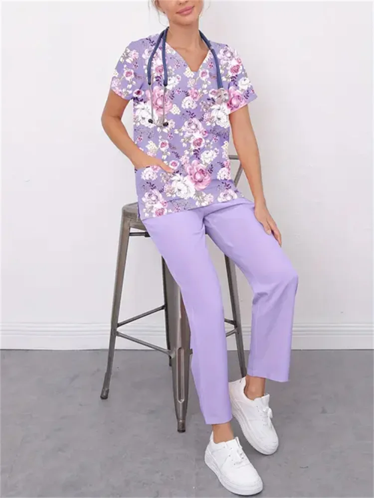 Ensemble uniforme médical décontracté pour femme, motif fleurs et plantes, pantalon en polyester à col en V avec poches, toutes saisons