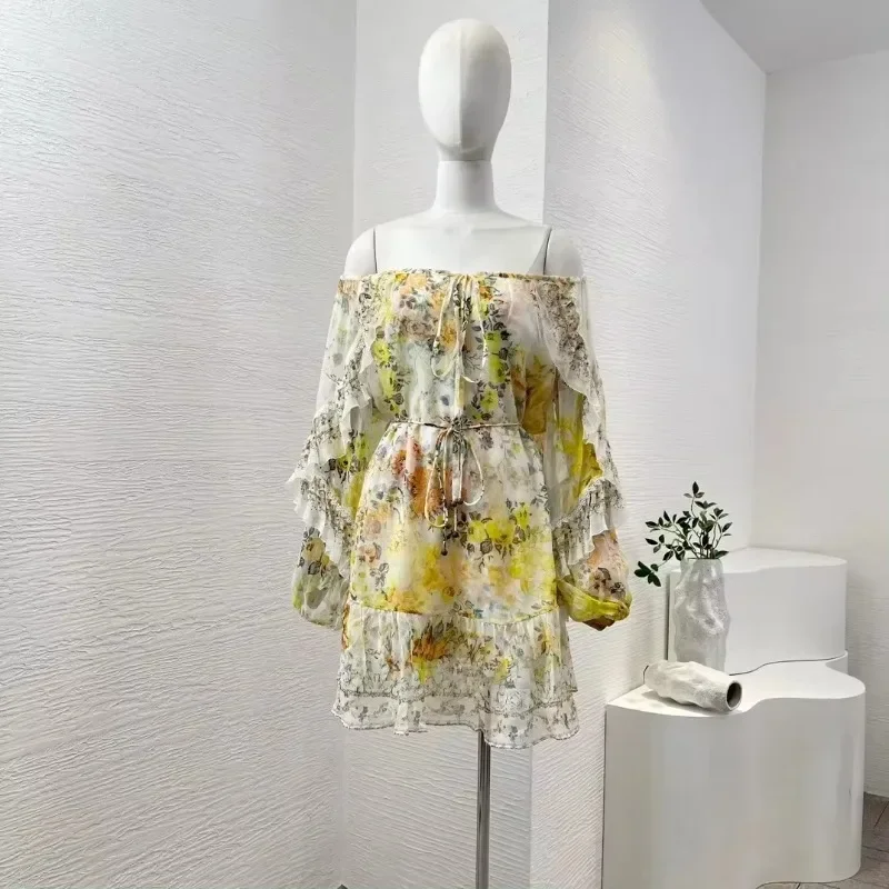 Women's Mini Dress Yellow Floral Print Long Sleeve Off-shoulder Strapless Diamond Embellishments Elegant Dress New High Quality