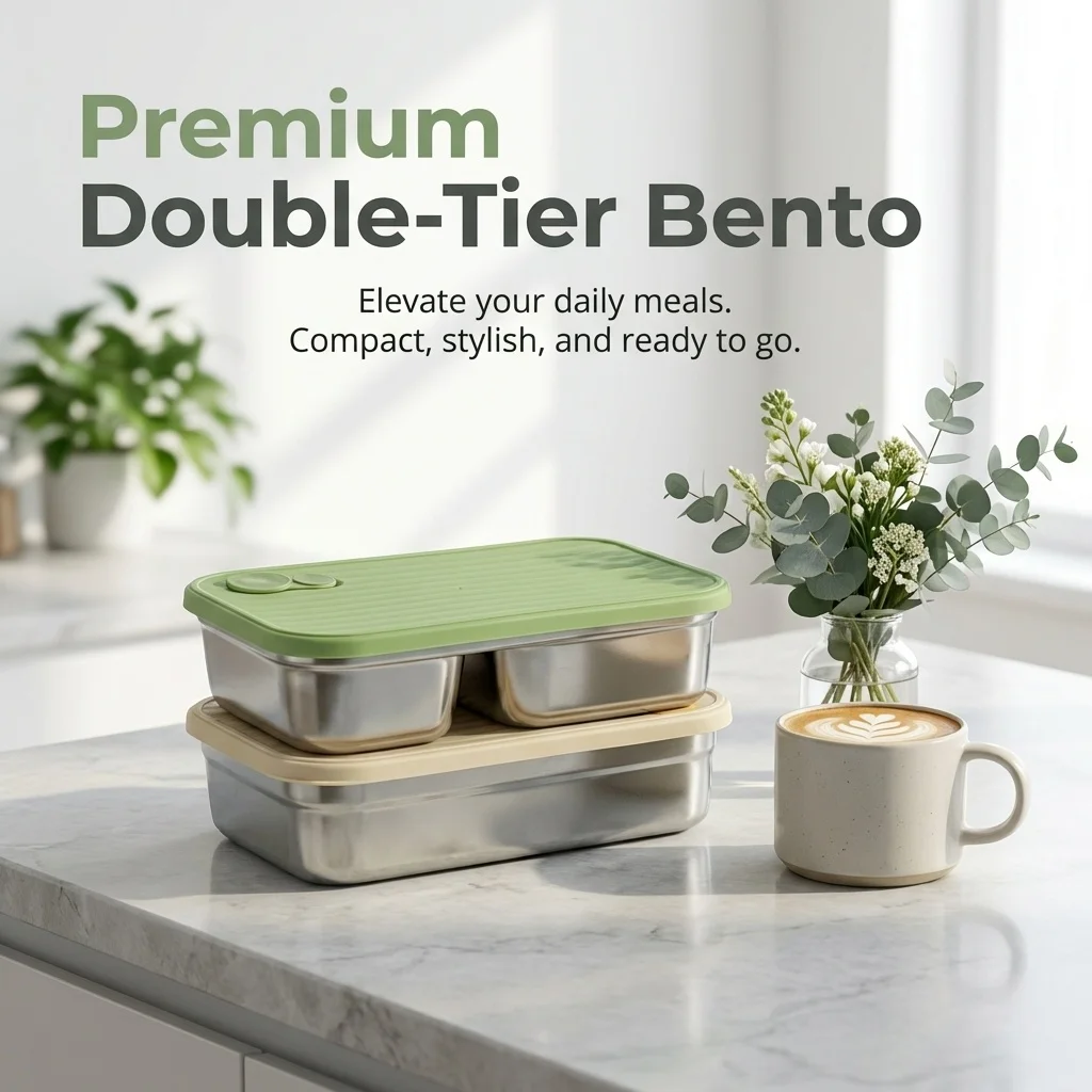 304 Stainless Steel Bento Lunch Box Microwave Heatable  Stackable 2Pcs/Set Portable Fruit Salad Food Container For Kids Students