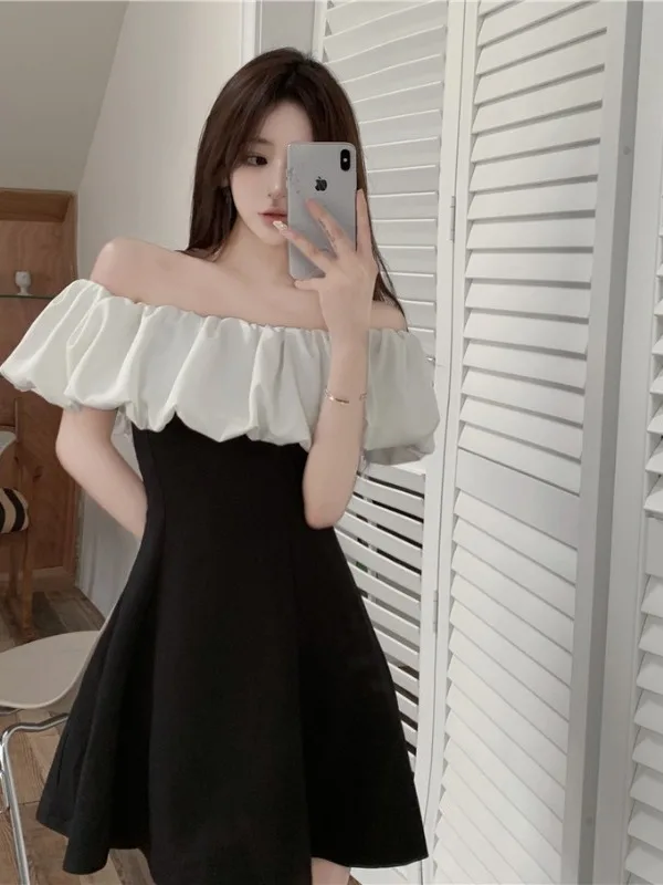 Rétro une épaule Hepburn Sle Design Sensation Small ence Jupe ort d'été pour femmes Dr Polyester doux Taille haute G...